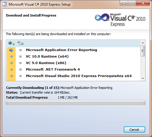 Progreso de la instalacion de Visual Studio Express